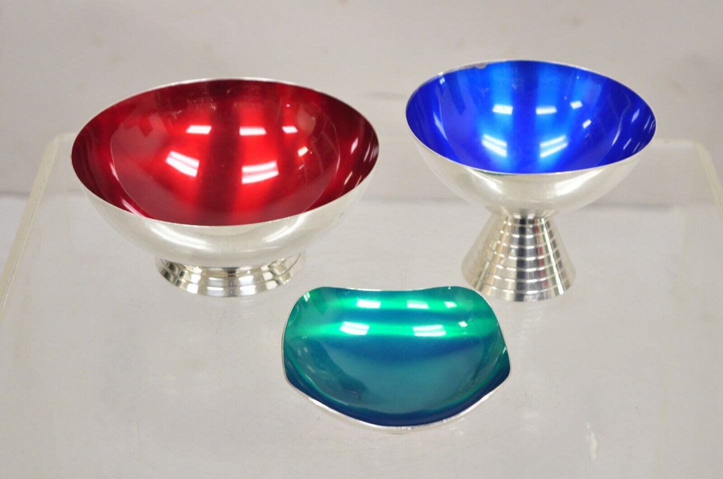 Mid Century Danish Modern Blue Green Red Silver Plated Enamel Compote - 3 Pc