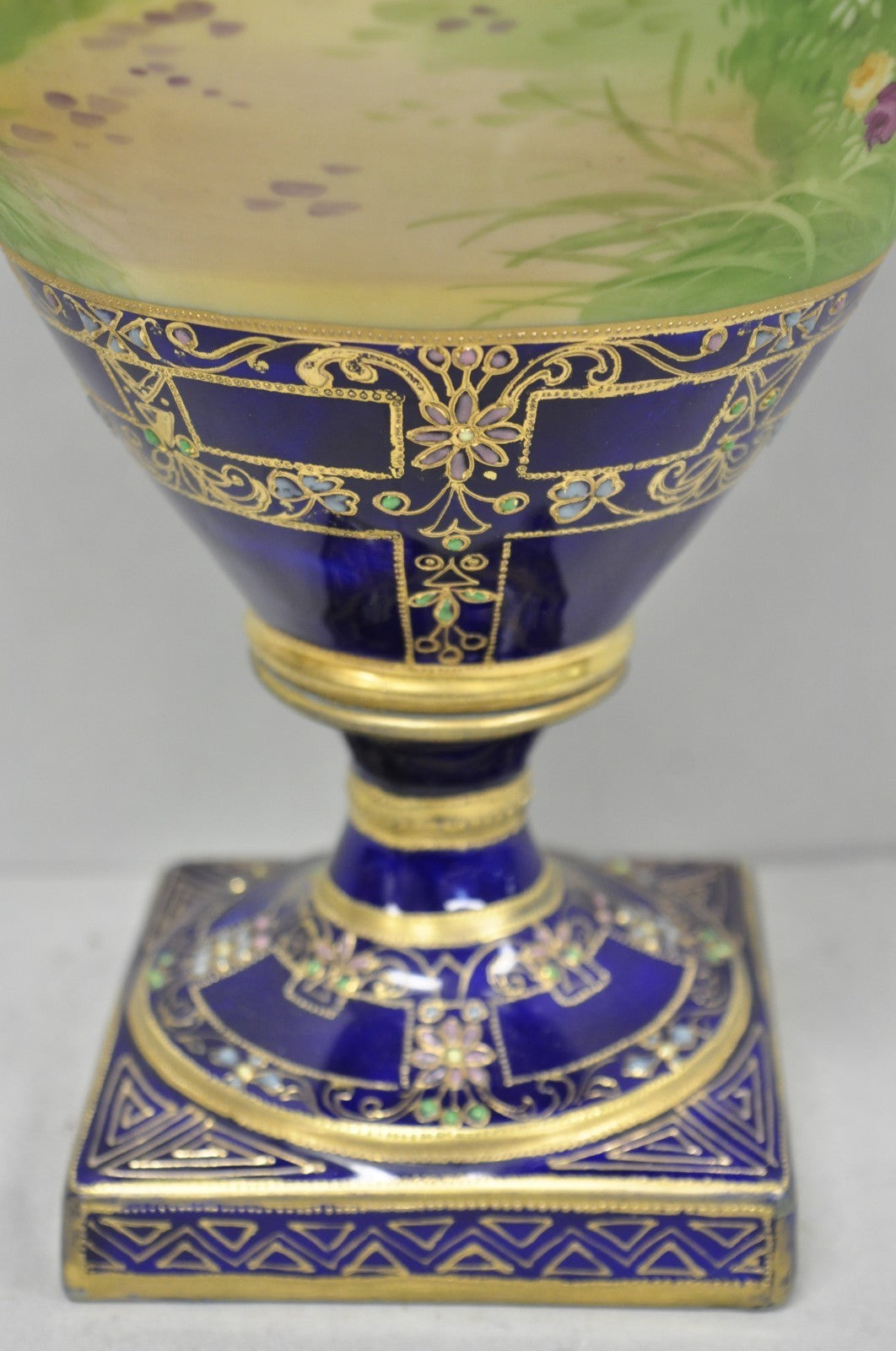 Antique Nippon Hand Painted Cobalt Blue Porcelain Twin Handle Bolted Urn Vase