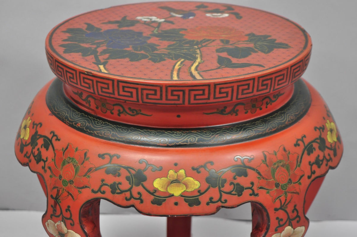 Vintage Chinoiserie Red Lacquer Pedestal Plant Stand Garden Stool Side Table (A)