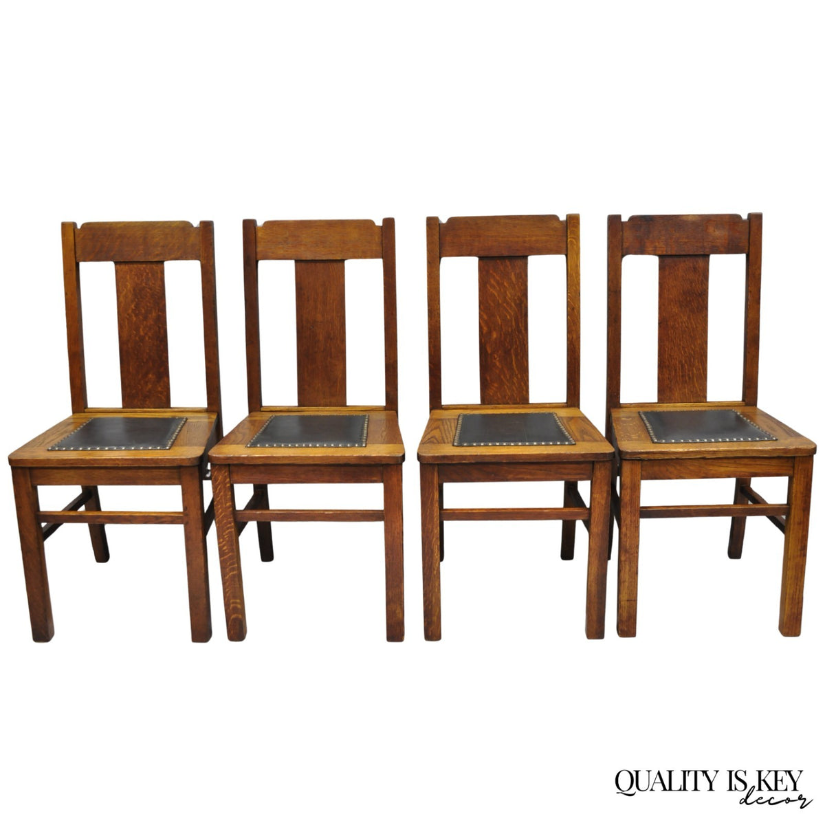 Antique Mission Oak Arts & Crafts T-Back Limbert Style Dining Chairs - Set of 4