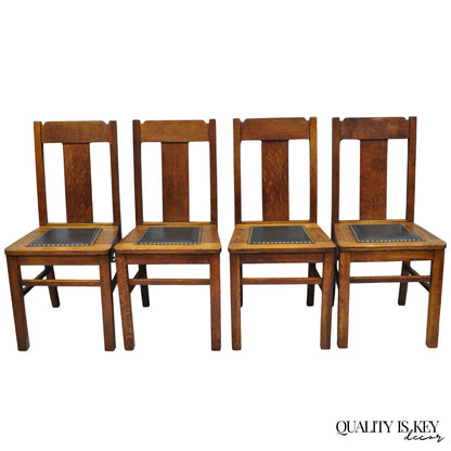 Antique Mission Oak Arts & Crafts T-Back Limbert Style Dining Chairs - Set of 4