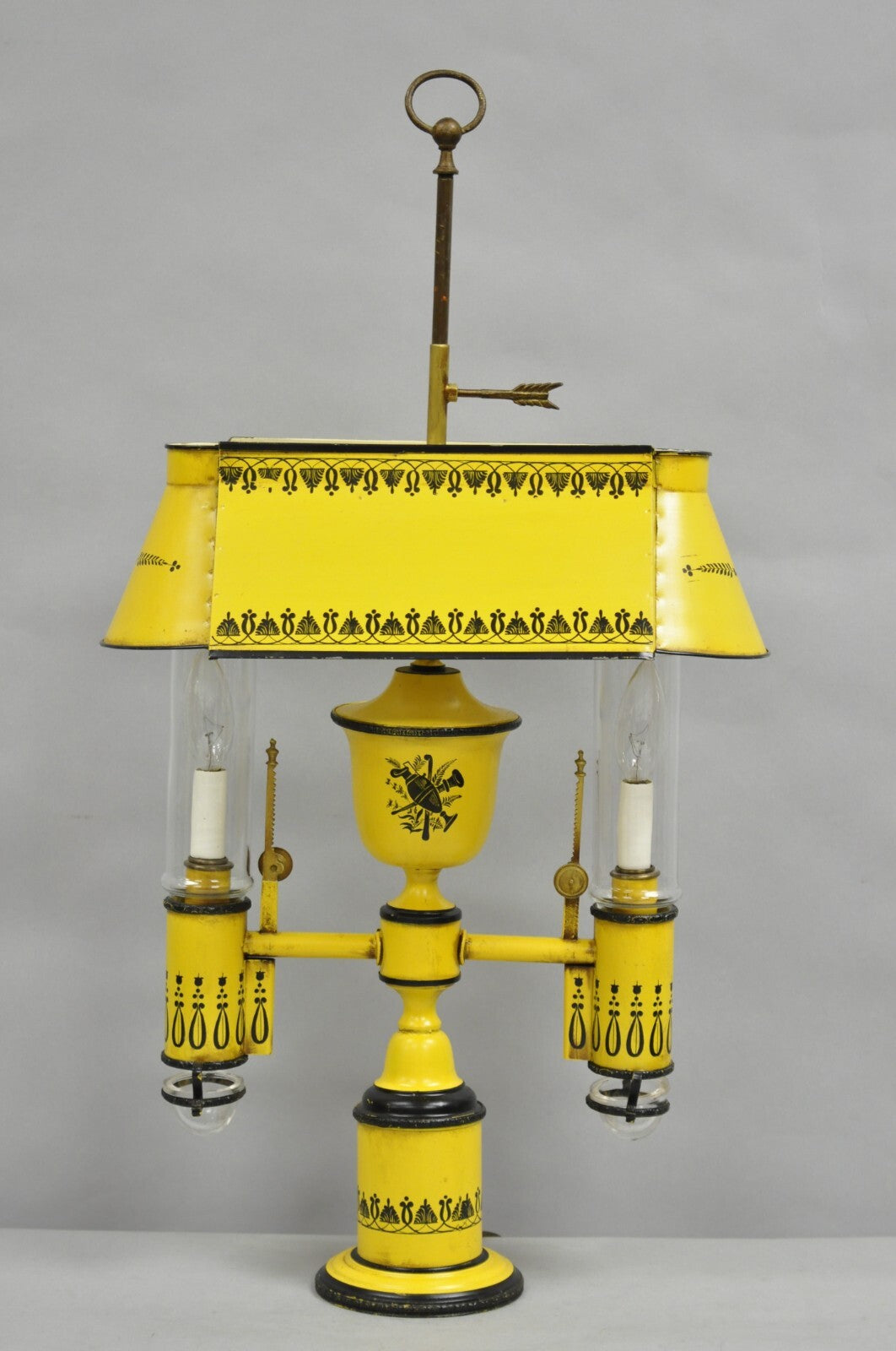 French Country Yellow Paint Italian Tole Metal Candlestick Bouilotte Table Lamp