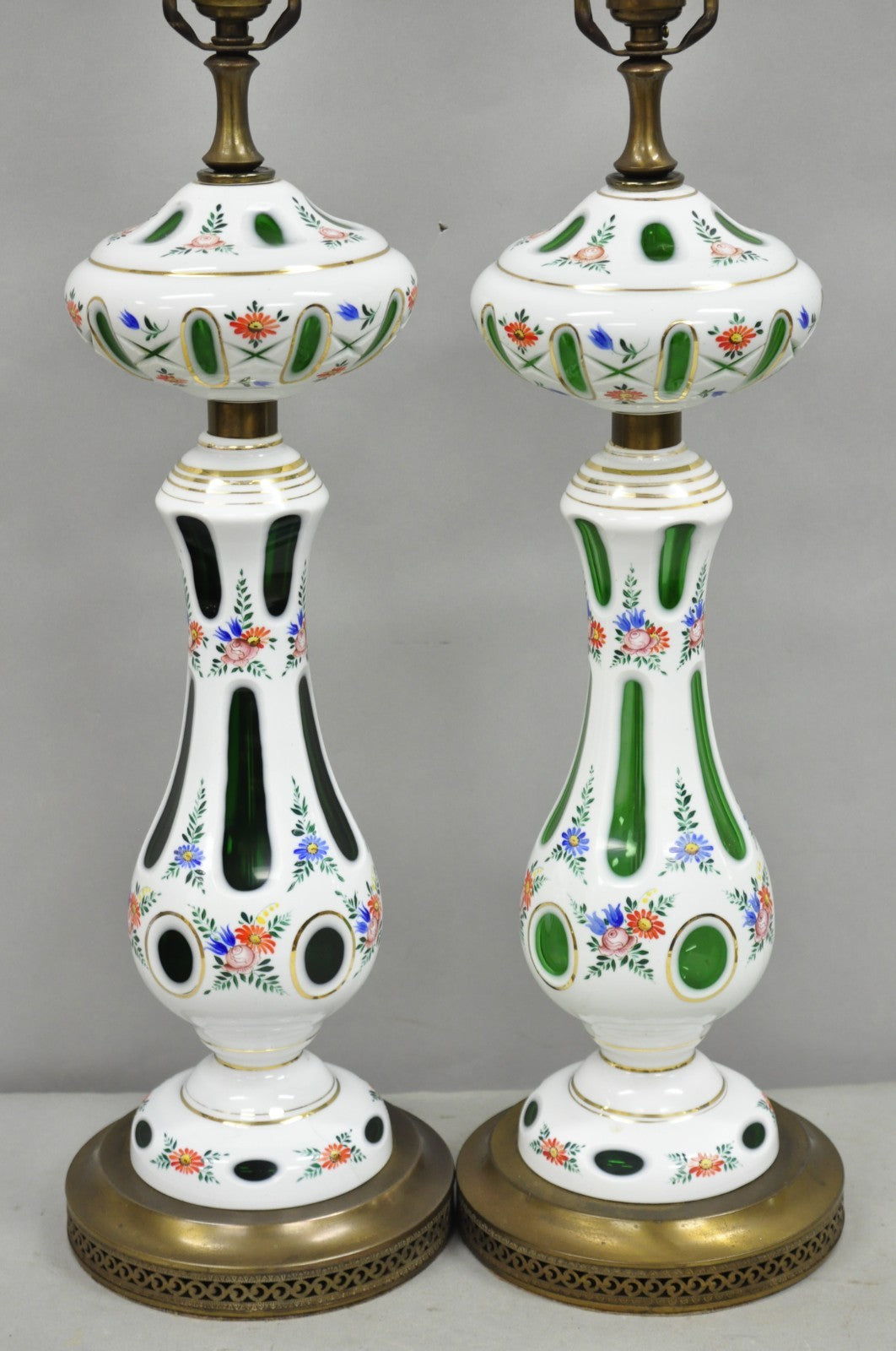 Antique Czech Bohemian Glass Emerald Green Flower Painted Table Lamps - a Pair