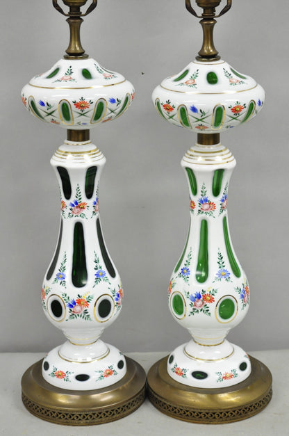 Antique Czech Bohemian Glass Emerald Green Flower Painted Table Lamps - a Pair