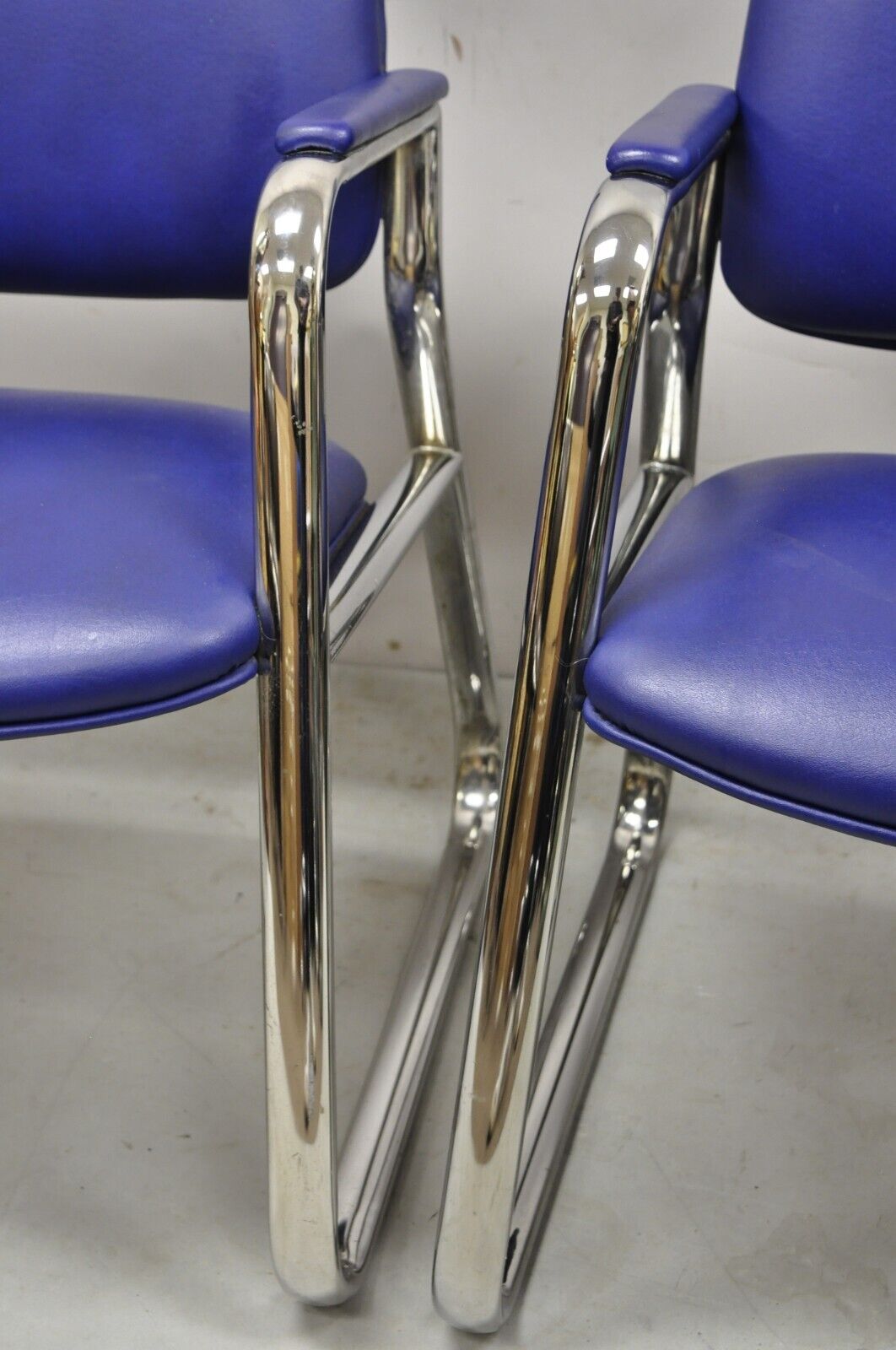 Vintage Lawsonia Stylex Blue Vinyl Chrome Frame Lounge Chairs - a Pair