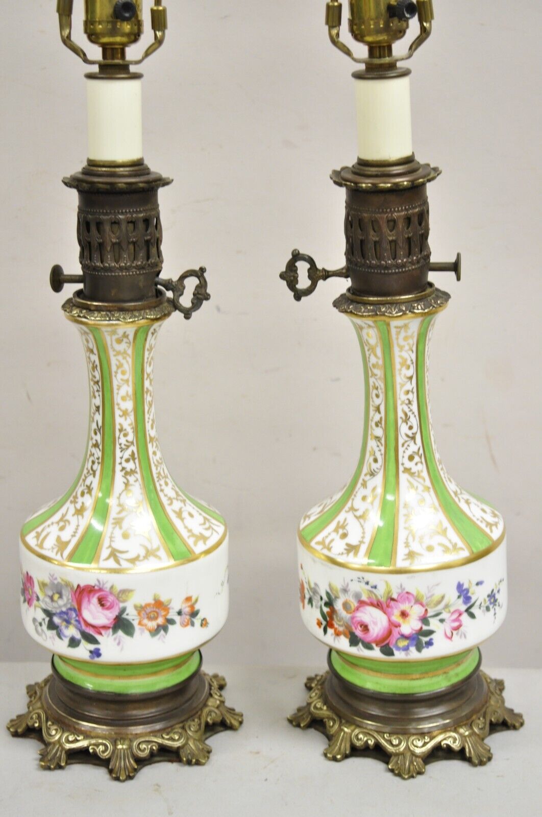 Antique French Victorian Paris Porcelain Green Floral Rose Table Lamps - a Pair