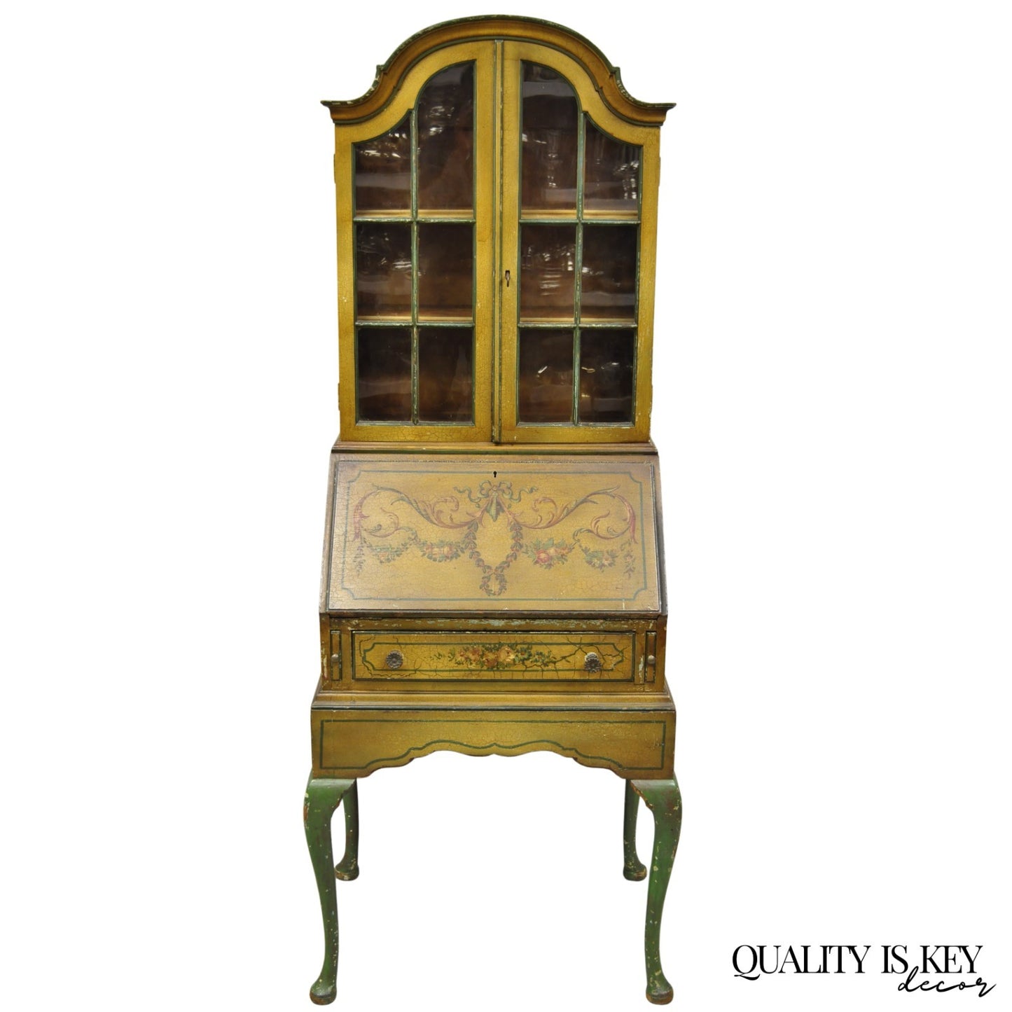 Antique English Adams Style Distress Hand Painted Narrow Secretary Writing Desk