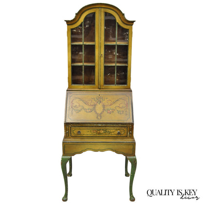 Antique English Adams Style Distress Hand Painted Narrow Secretary Writing Desk