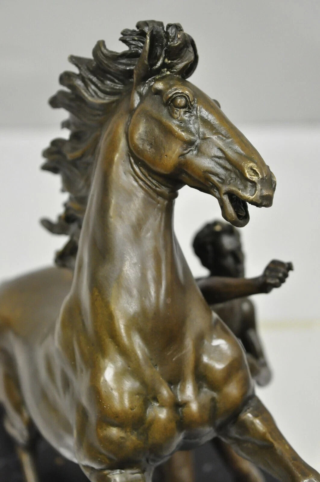 Vintage Bronze Marly Horse and Tamer Sculpture after Coustou on Marble Base Pair