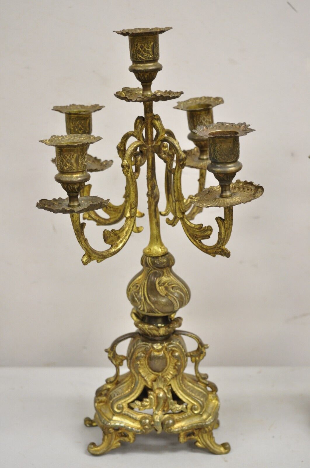 Vintage French Rococo Louis XV Style Small Ornate Brass Candelabra - a Pair