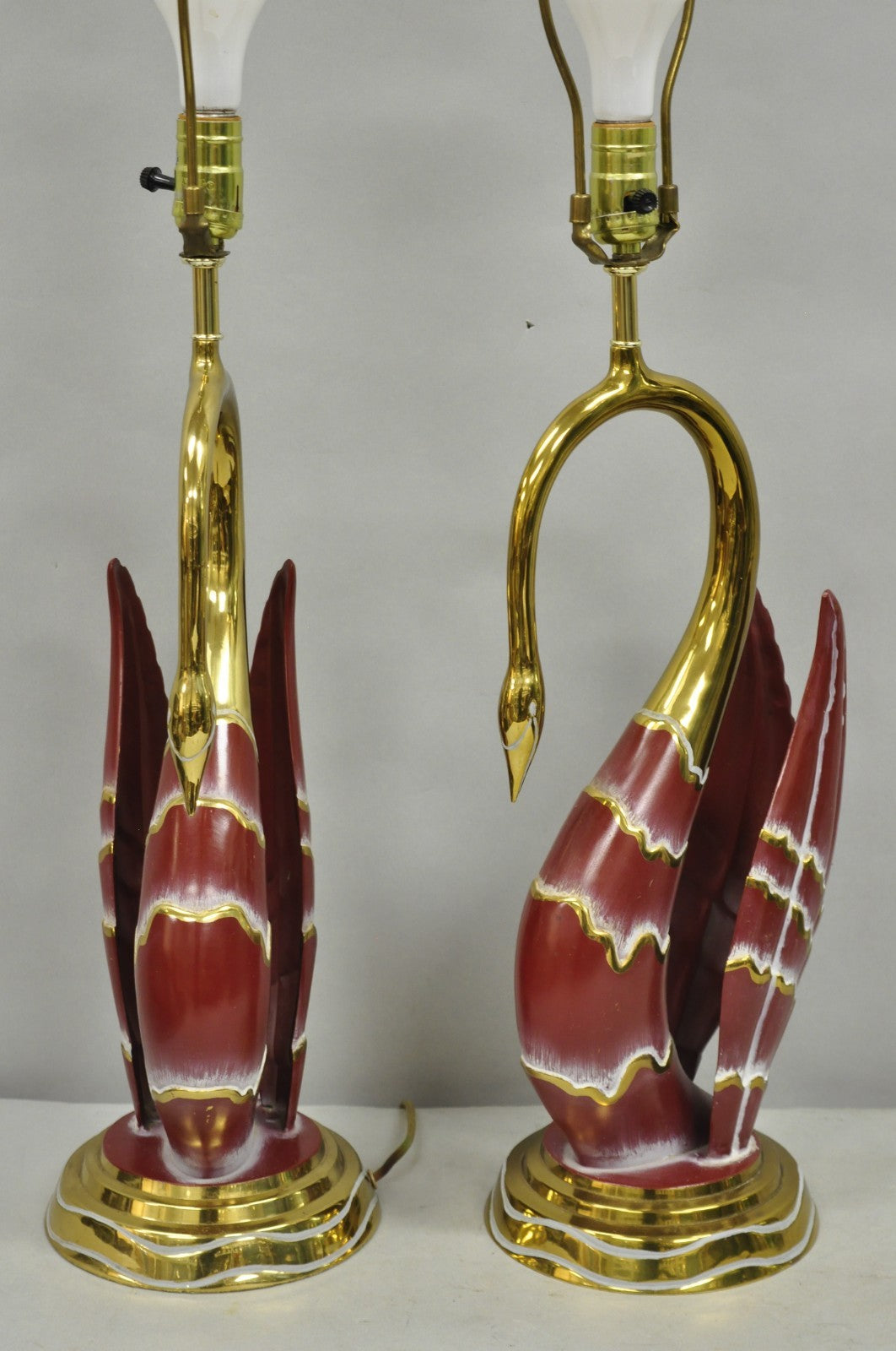 Vintage Art Nouveau Modern Brass Figural Swan Gold Red Table Lamps w Shades Pair