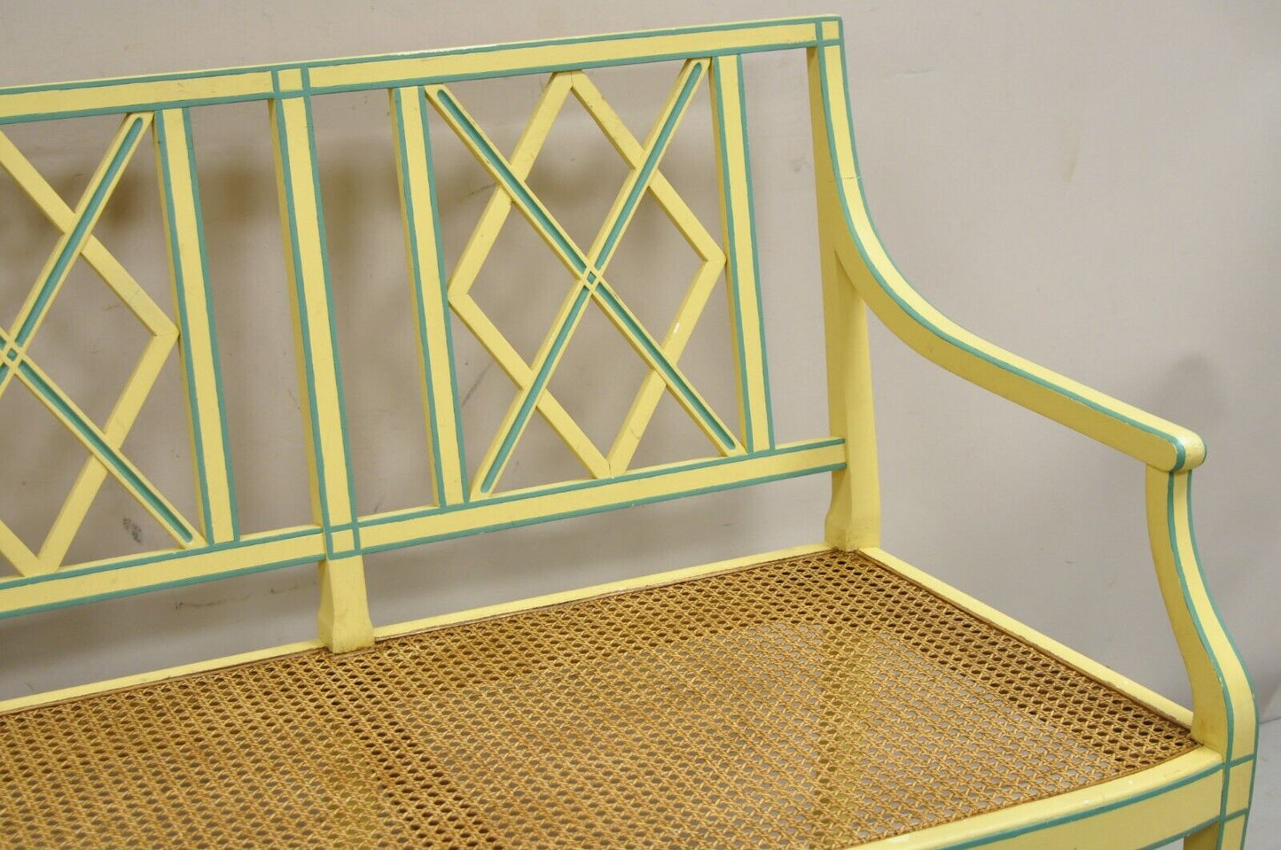 Vintage Italian Neoclassical Yellow Painted Cane Seat Fretwork Settee Bench