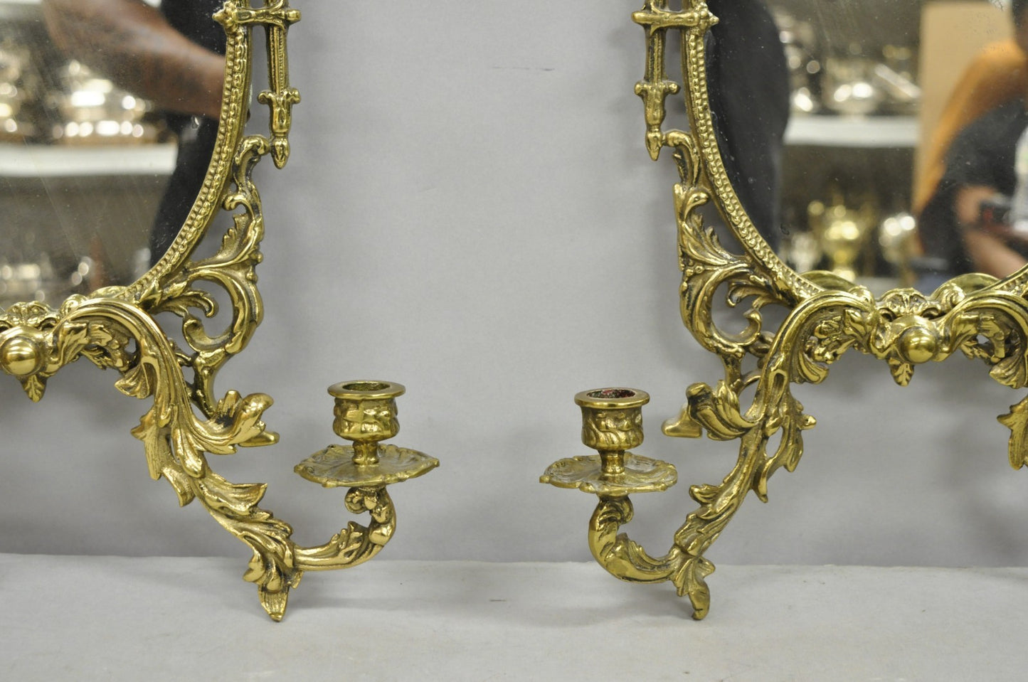 Antique French Rococo Louis XV Brass Oval Mirror Candelabra Wall Sconces - Pair