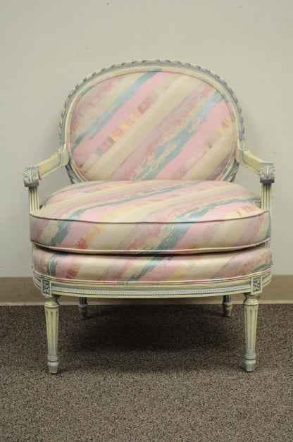 Vintage French Louis XVI Pink Blue Carved Bergere Boudoir Lounge Arm Chair