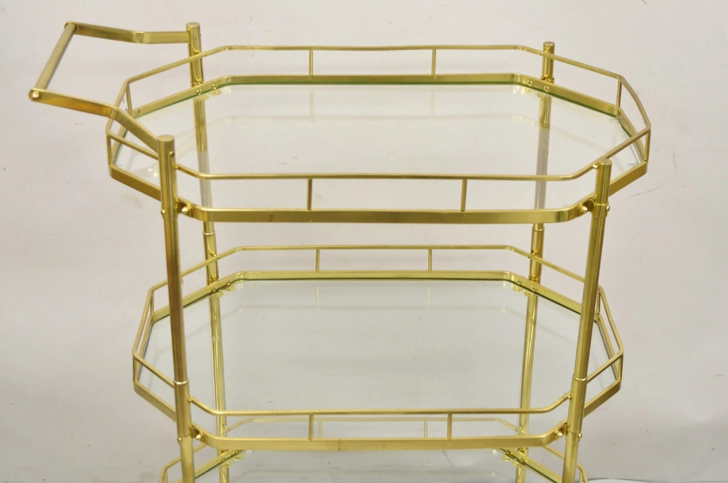 Mid Century Italian Modern Brass and Glass 3 Tier Rolling Bar Cart Serving Table