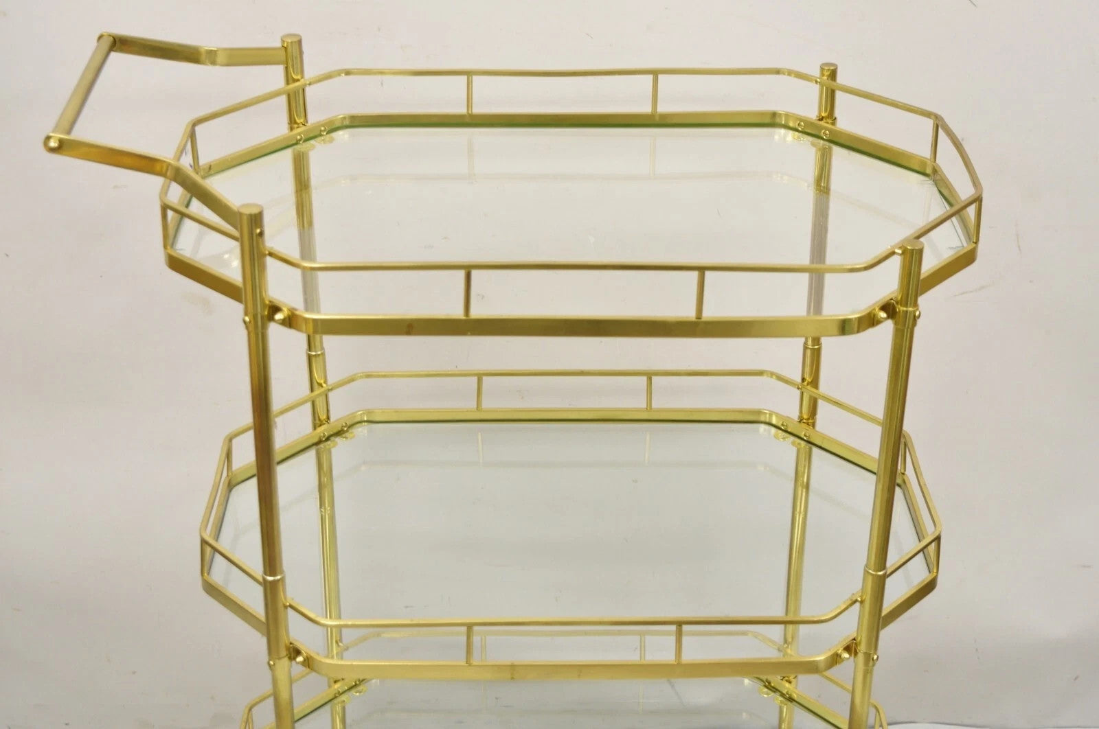 Mid Century Italian Modern Brass and Glass 3 Tier Rolling Bar Cart Serving Table