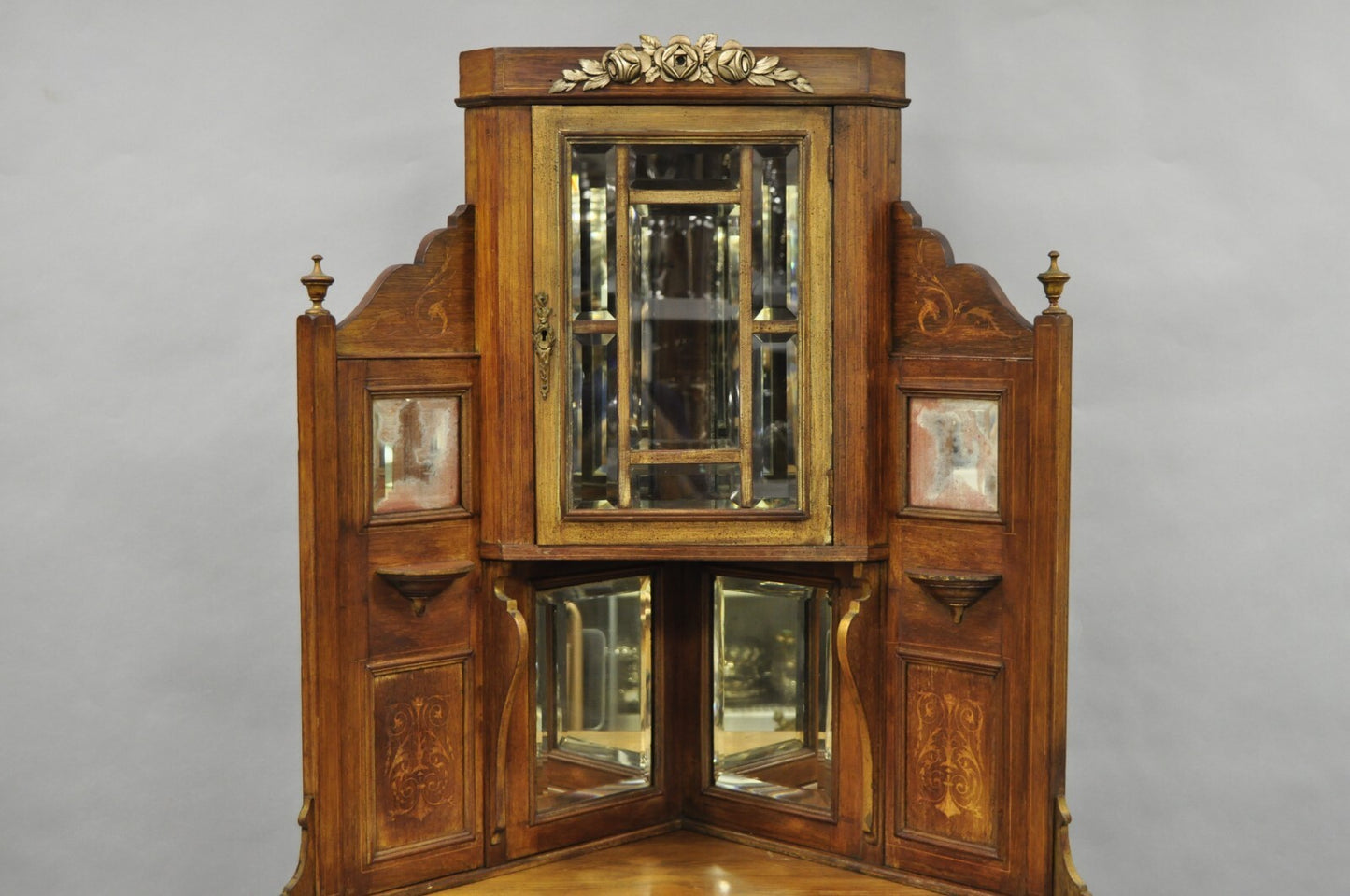 Antique French Victorian Inlaid Mahogany Corner China Cabinet Display Curio