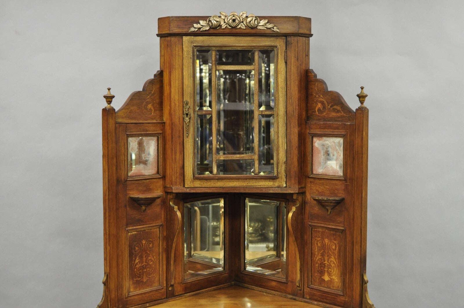 Antique French Victorian Inlaid Mahogany Corner China Cabinet Display Curio