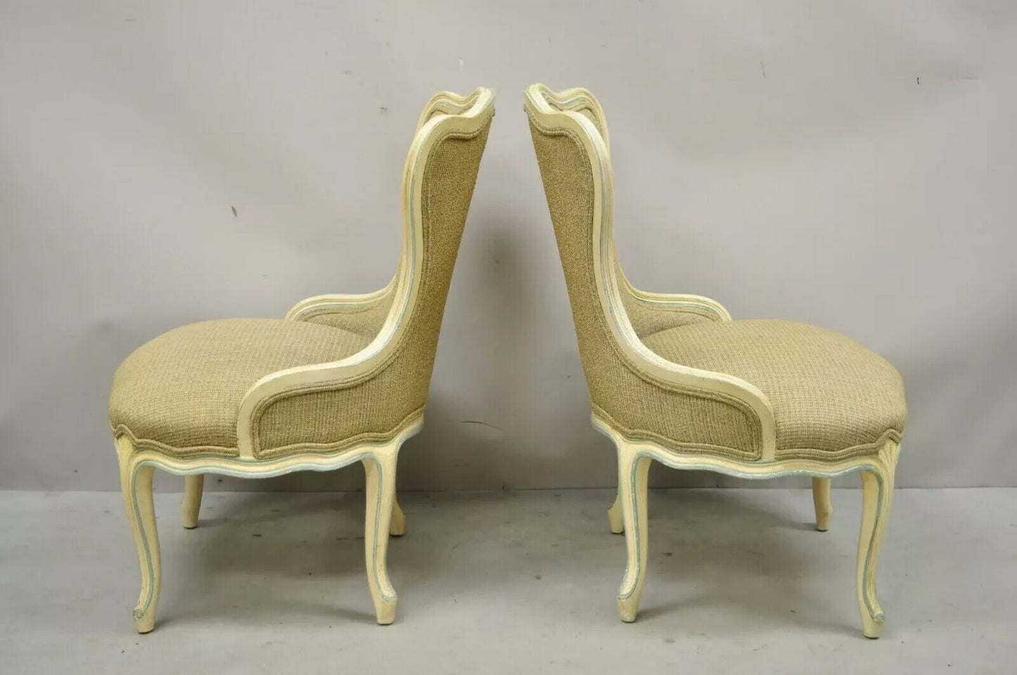 Vintage French Provincial Louis XV Cream Blue Boudoir Slipper Chairs - a Pair