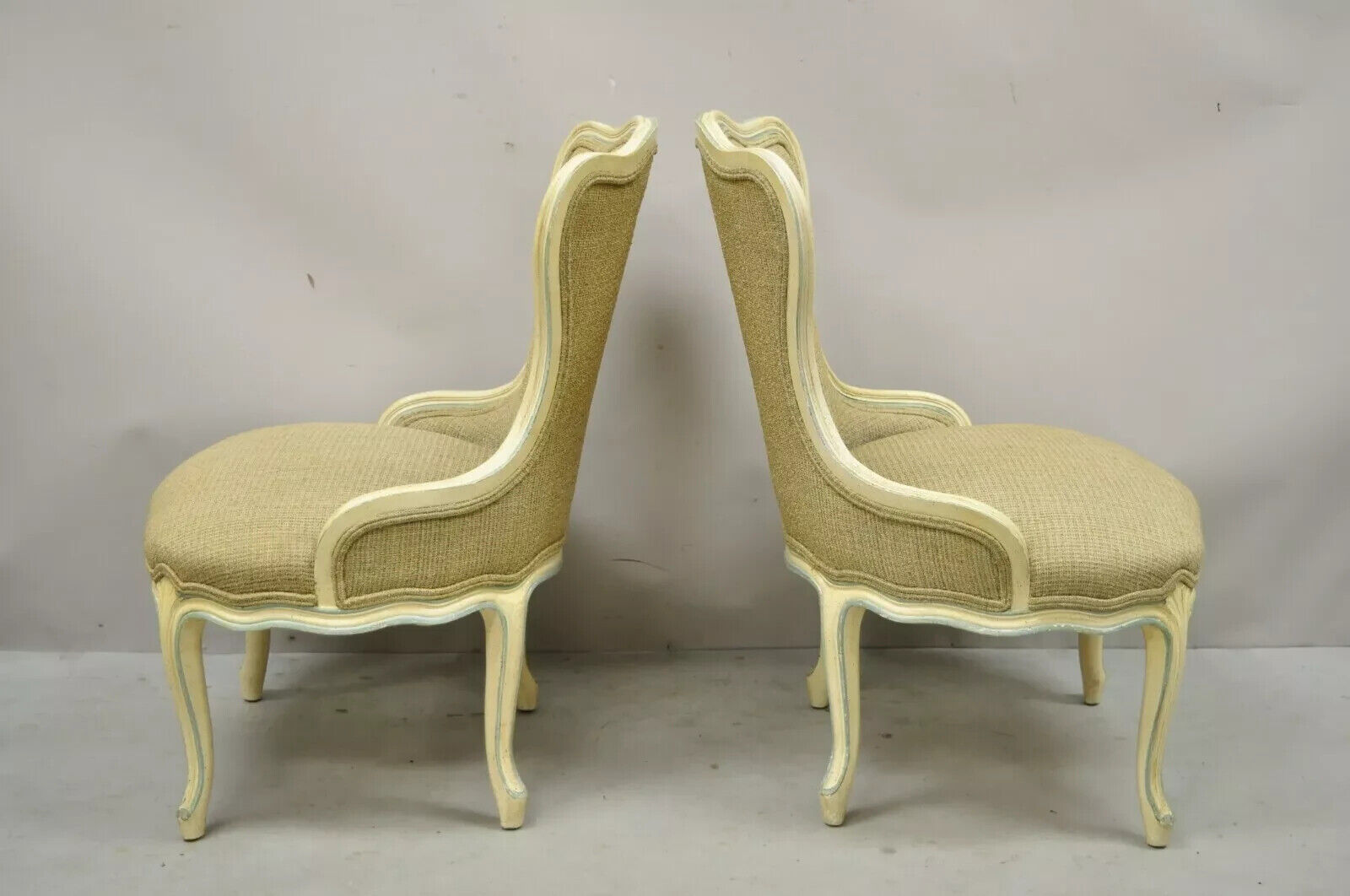 Vintage French Provincial Louis XV Cream Blue Boudoir Slipper Chairs - a Pair