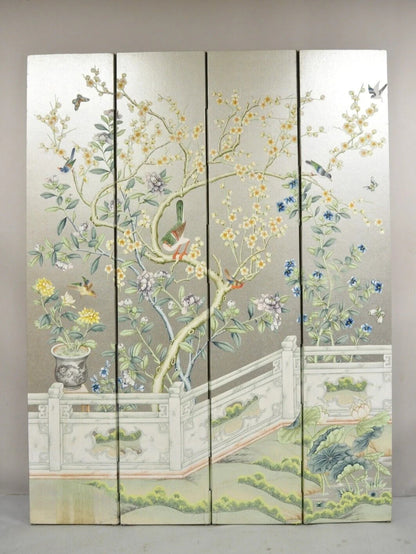 Vintage Chinoiserie Silver Leaf Birds Butterflies 4 Panel Screen Room Divider A