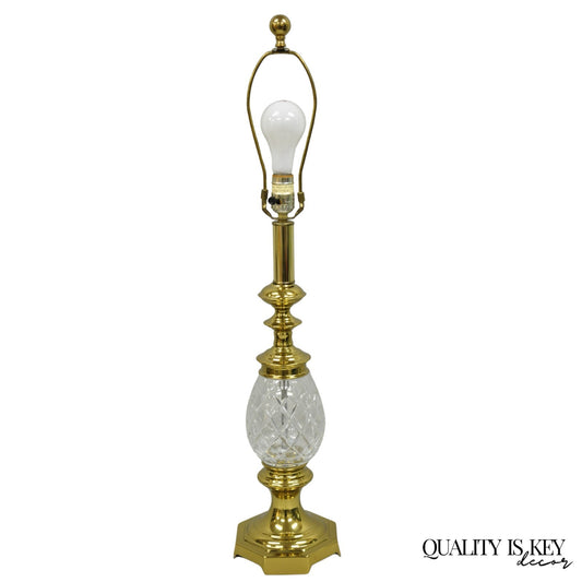 Vintage Hollywood Regency Crystal Glass Pineapple Column Brass Table Lamp