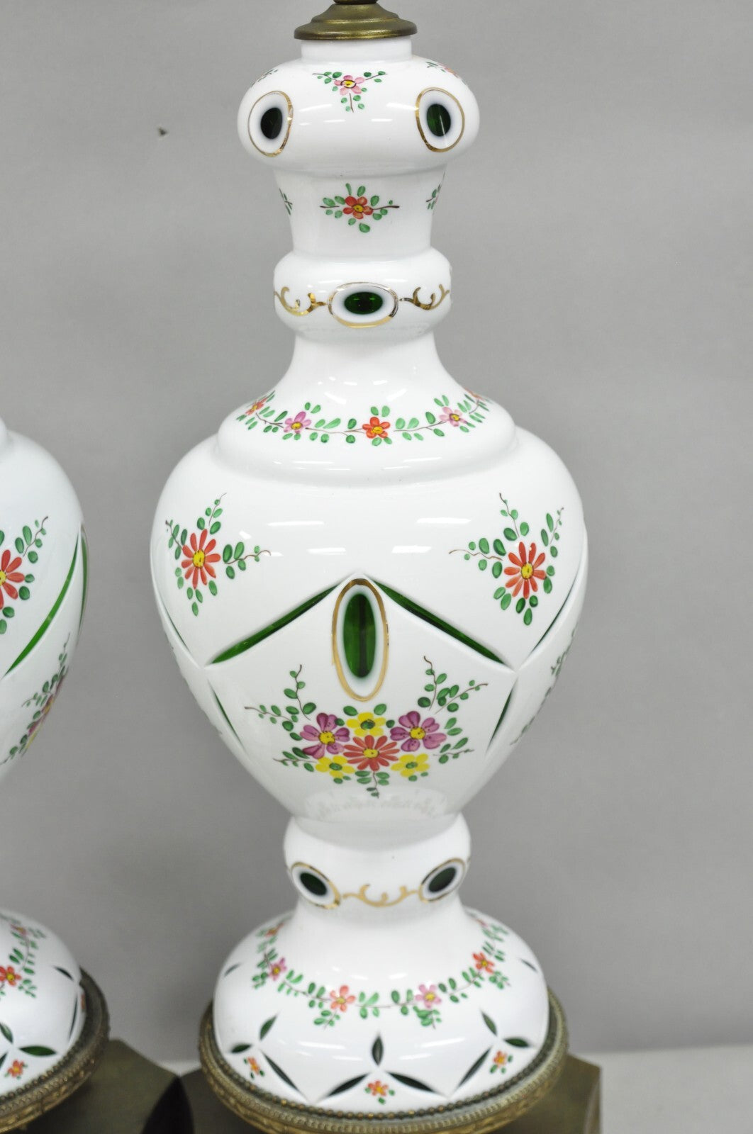 Antique Bohemian Czech Cut to Clear Glass Green and White Table Lamps - a Pair