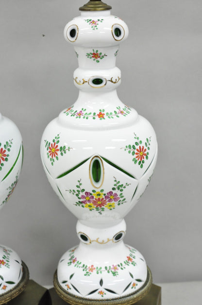 Antique Bohemian Czech Cut to Clear Glass Green and White Table Lamps - a Pair