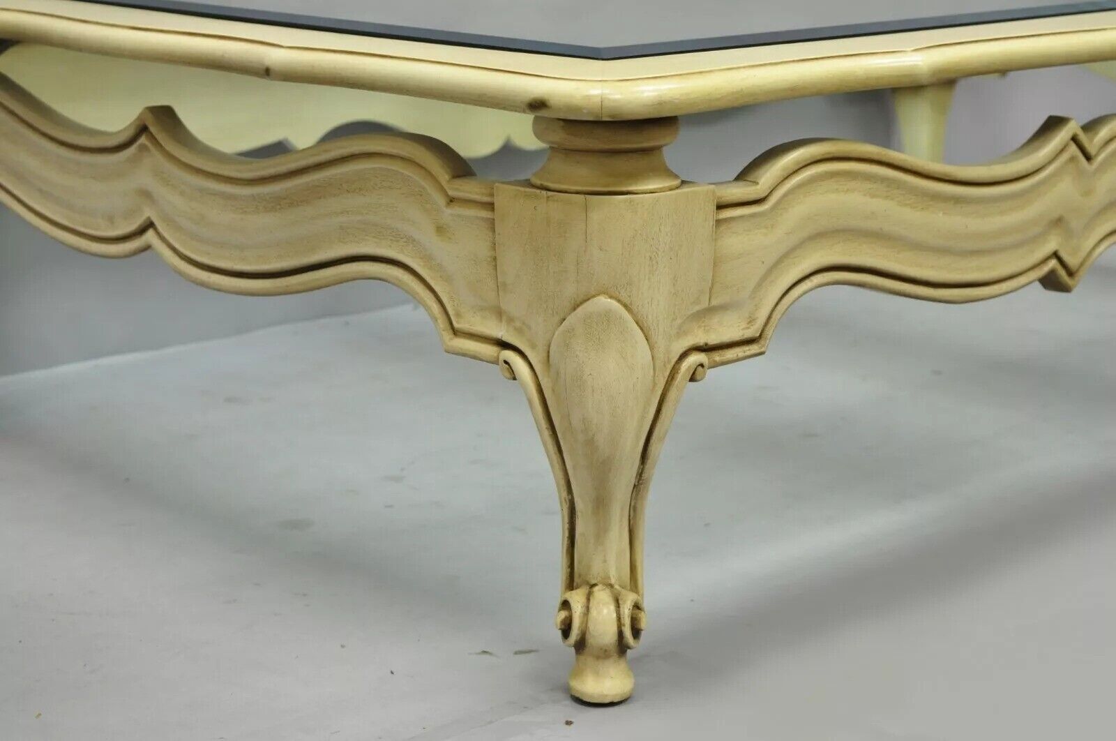 Vintage French Provincial Style Beveled Glass Cream Painted Large Coffee Table