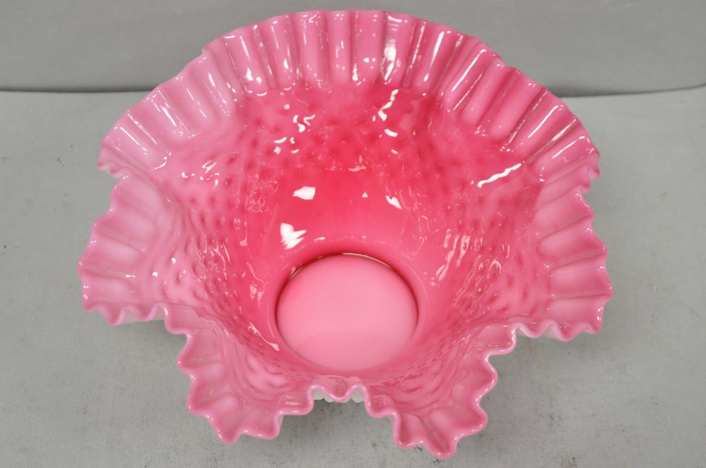 Vintage Pink & White Hobnail Cased Glass Candy Dish Ruffled Bowl Brides Basket