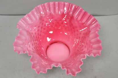Vintage Pink & White Hobnail Cased Glass Candy Dish Ruffled Bowl Brides Basket