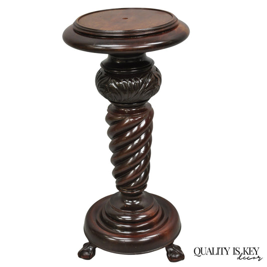 Antique Victorian Carved Mahogany Barley Twist Paw Foot Pedestal Plant Stand