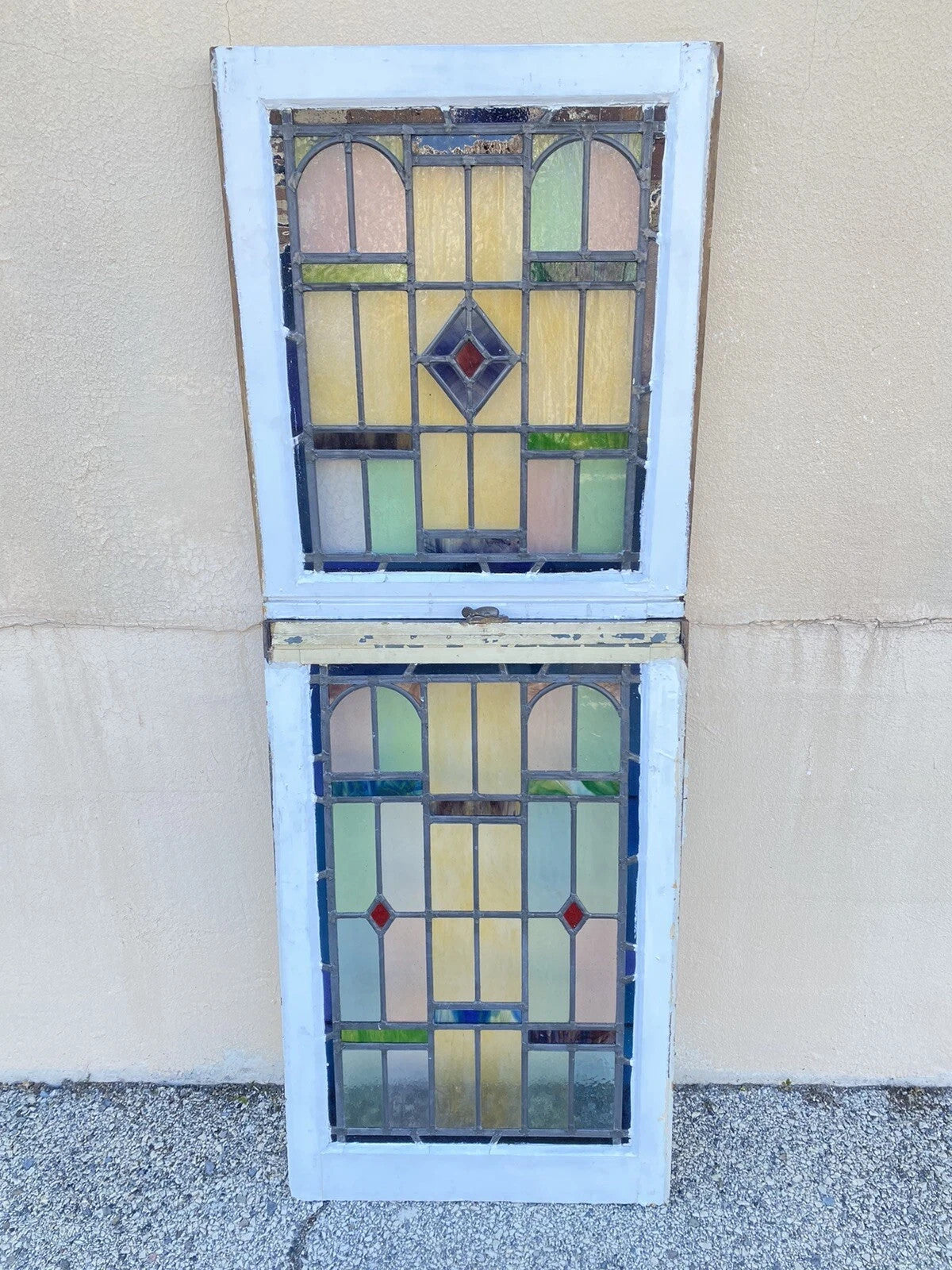 Antique Art Deco Leaded Stained Glass Pink Green Blue Yellow Windows - a Pair