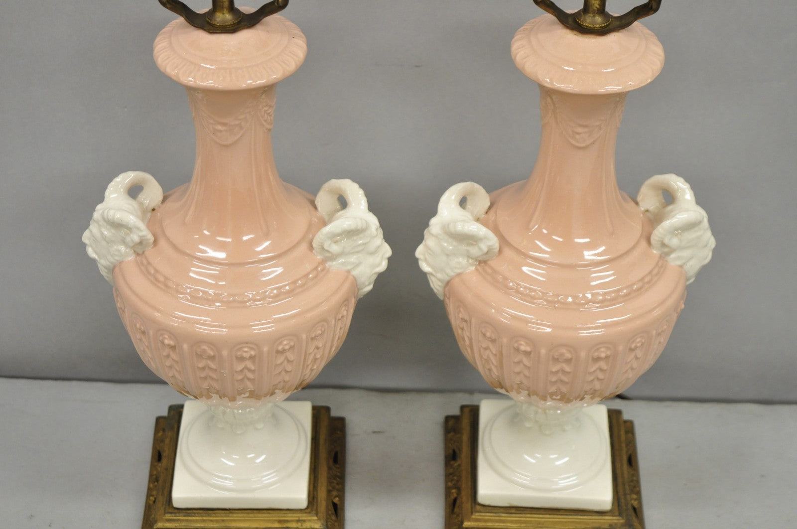 Vintage Italian Neoclassical Pink Porcelain Urn Table Lamps w/ Bearded Man, Pair