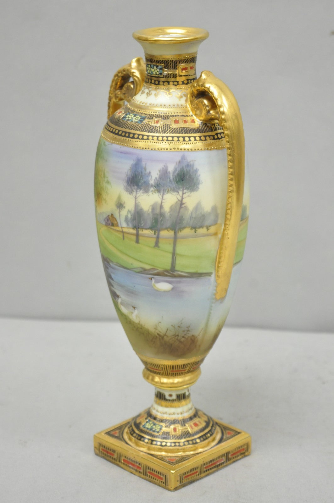 Antique Nippon Hand Painted Twin Handled Gold Gilt Lake & Swan Scene Bolted Vase