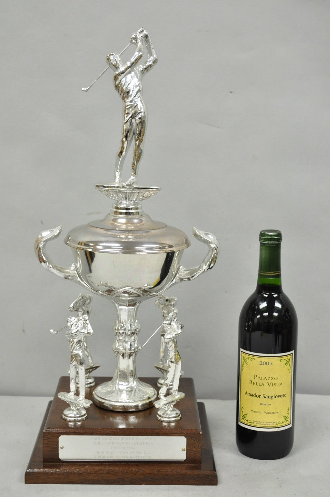 Vintage 1970s Silver Metal & Wood Figural Golf Trophy Award Cup John Sanzari