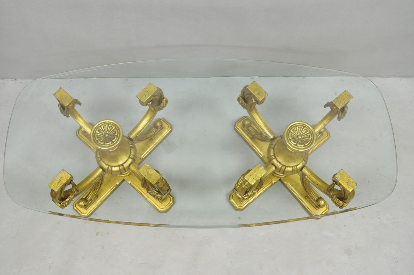 Vintage Italian Hollywood Regency Gold Gilt Metal Double Pedestal Coffee Table