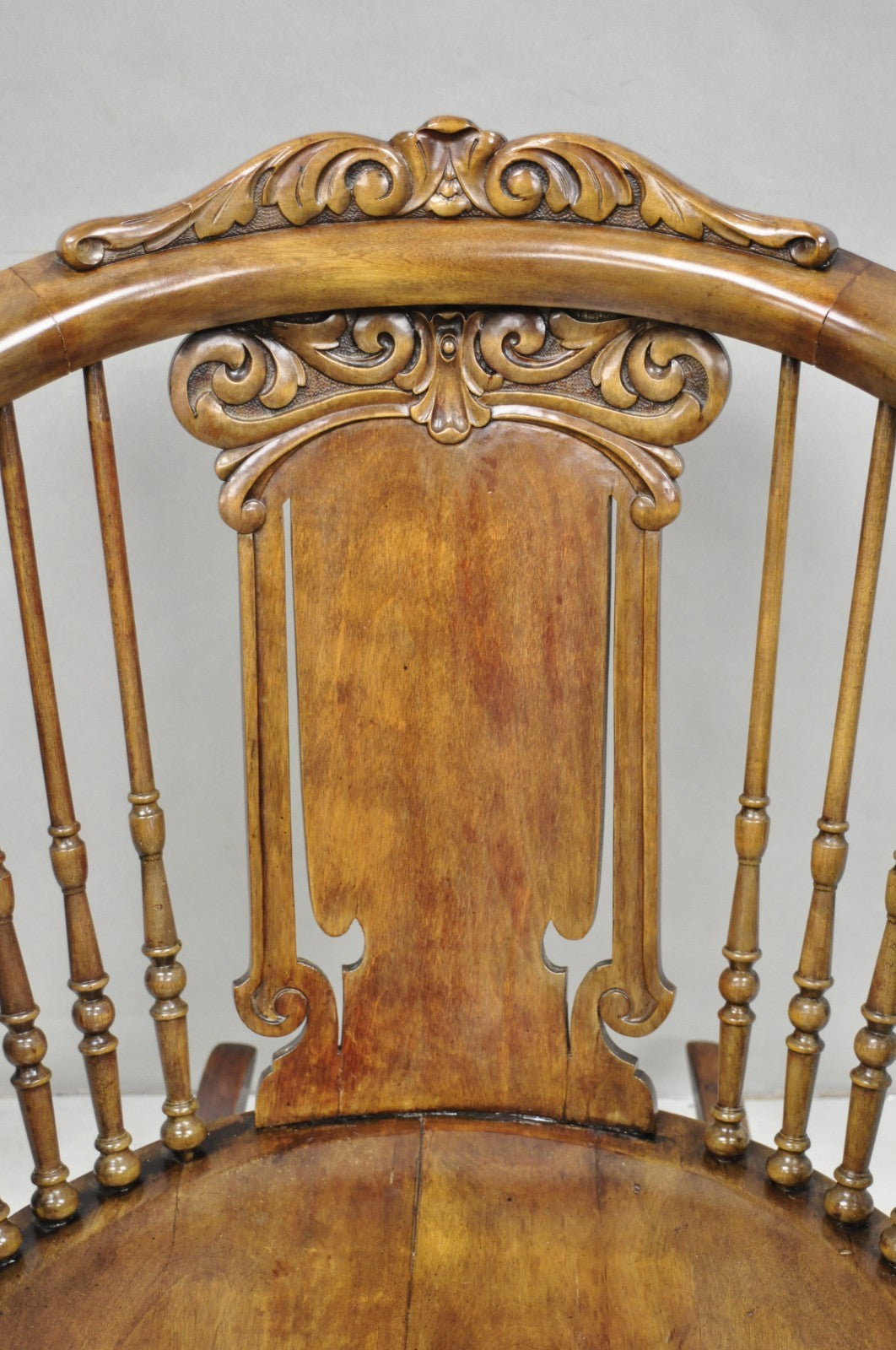 Antique American Victorian Carved Walnut Spindle Back Rocker Rocking Chair