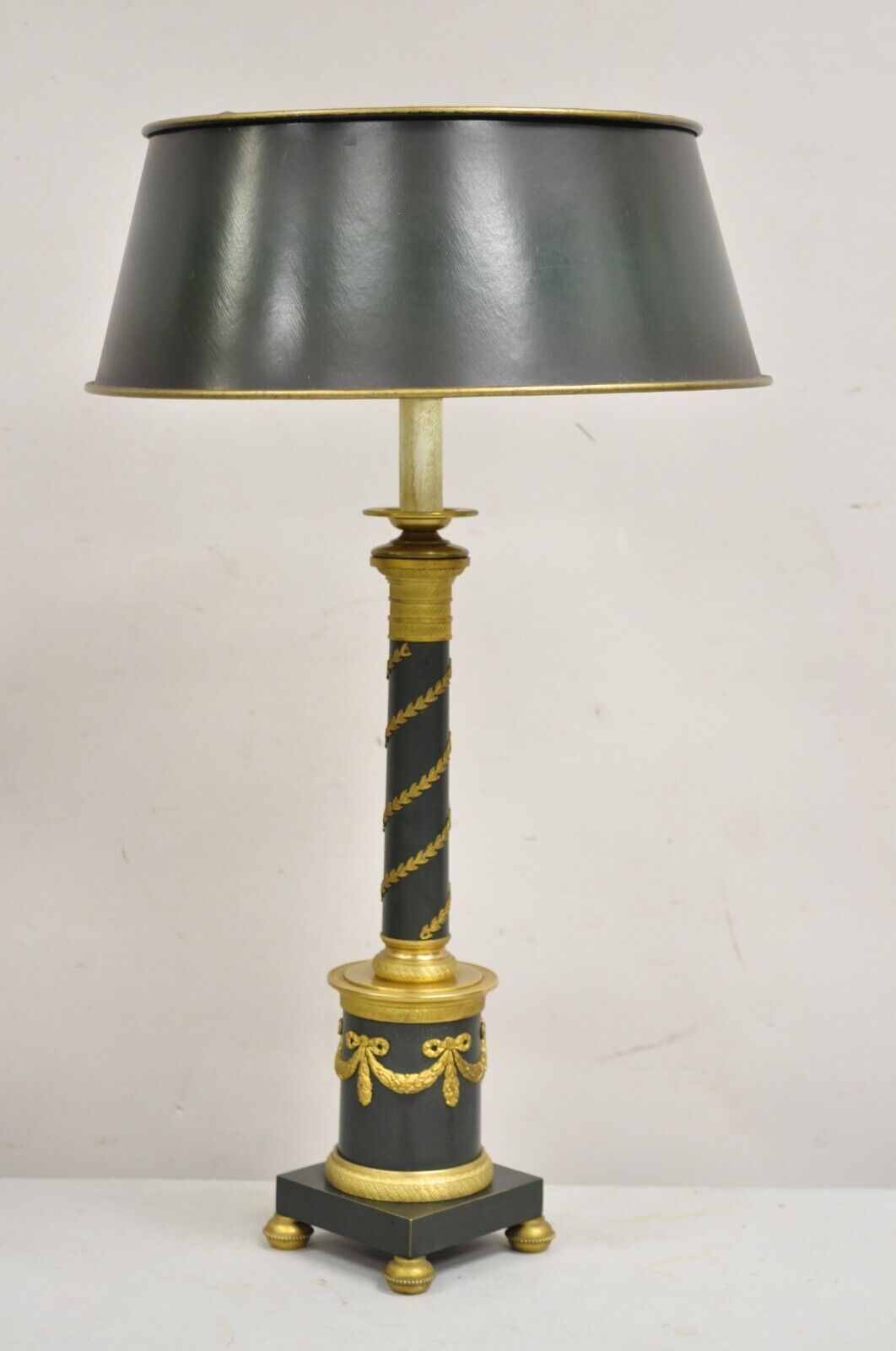 Antique French Empire Bronze Green Candlestick Column Bouillotte Desk Table Lamp