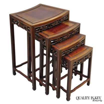 Vintage Chinese Carved Hardwood Curved Frame Nesting Side Tables - Set of 4