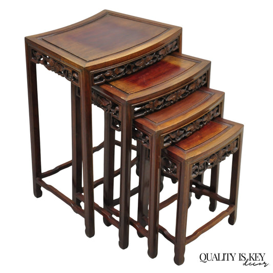 Vintage Chinese Carved Hardwood Curved Frame Nesting Side Tables - Set of 4