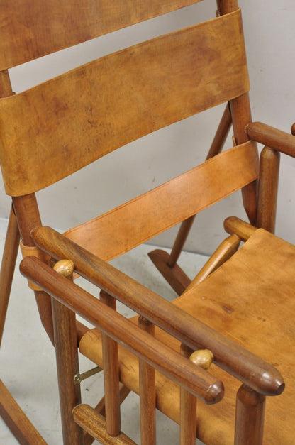 Costa Rican Campaign Style Teak Brown Leather Folding Rocker Rocking Chair