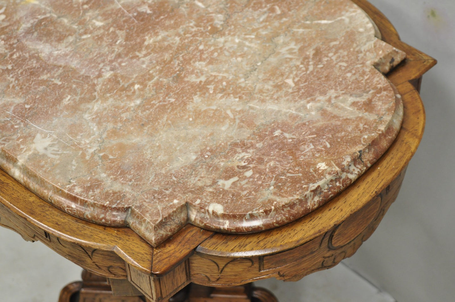Antique Eastlake Victorian Carved Walnut Marble Top Parlor Lamp Side Table
