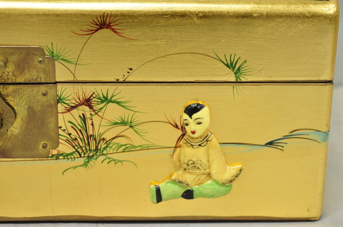 Vintage Chinese Oriental Gold Leaf Dome Lid Jewelry Box w/ Soapstone Figures