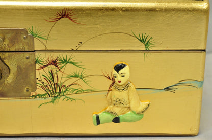 Vintage Chinese Oriental Gold Leaf Dome Lid Jewelry Box w/ Soapstone Figures