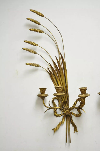 Italian Hollywood Regency Gold Iron Sheaf of Wheat Candle Wall Sconces - a Pair