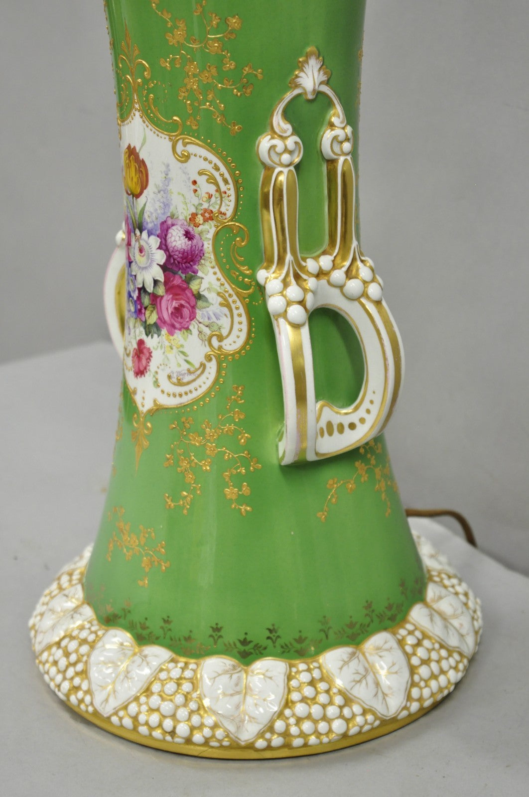 Antique Victorian Green Austrian Porcelain Hand Painted Flower French Table Lamp