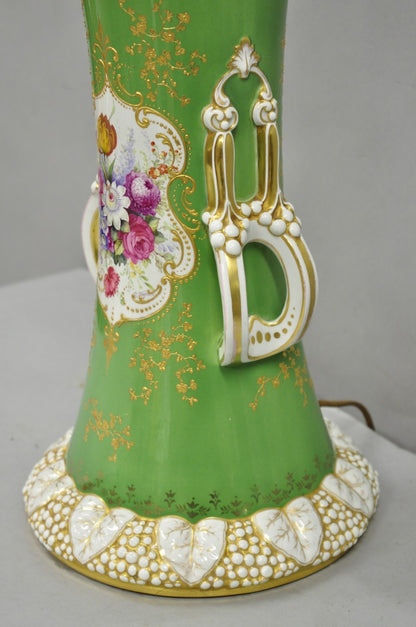 Antique Victorian Green Austrian Porcelain Hand Painted Flower French Table Lamp