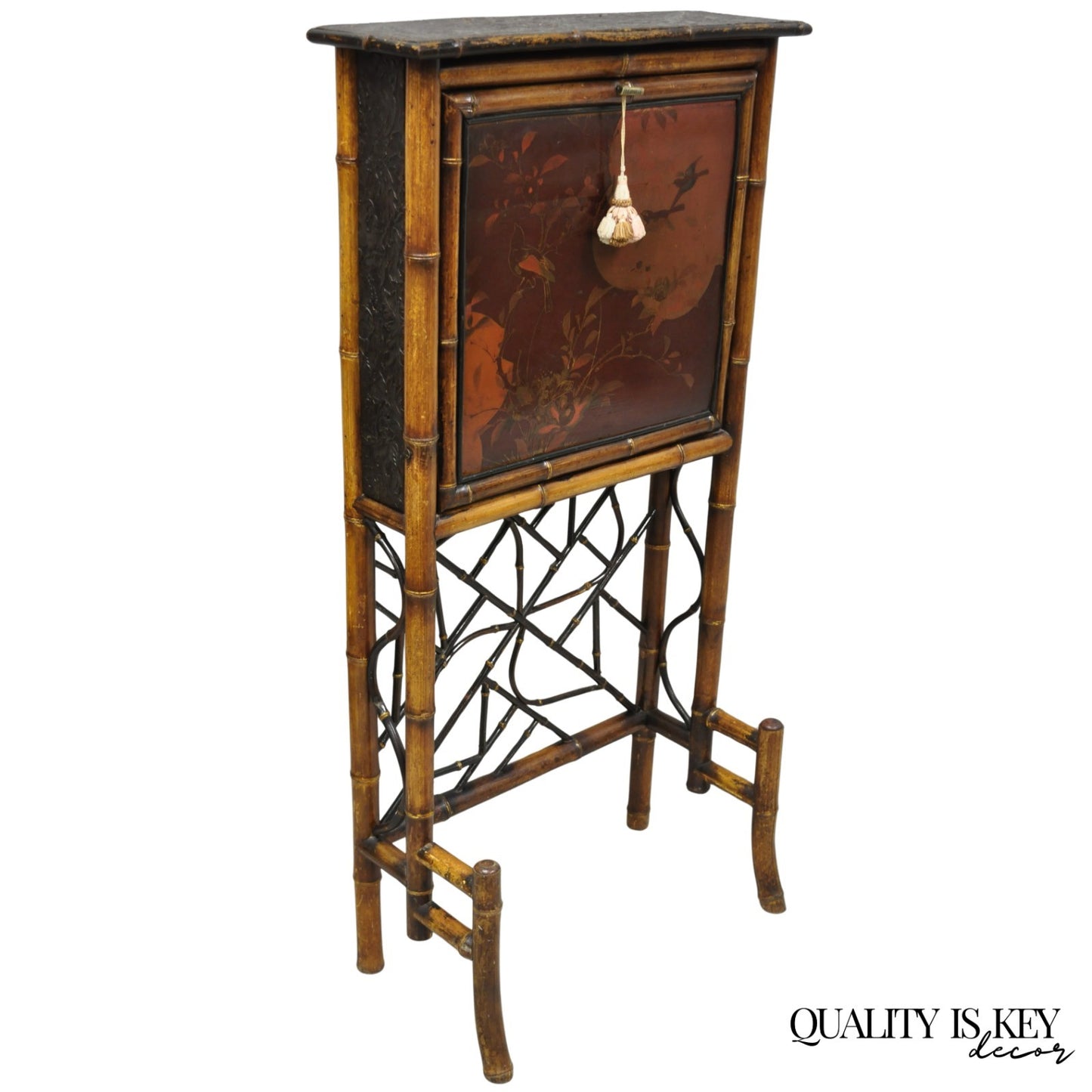 Antique English Victorian Bamboo Chinoiserie Compact Fall Front Secretary Desk