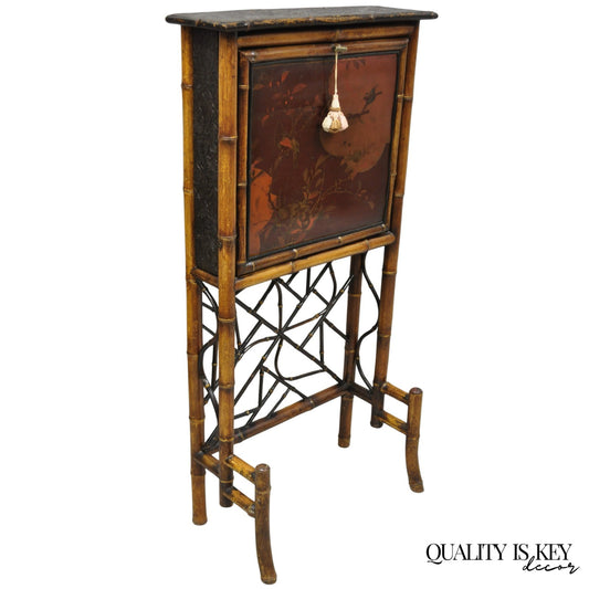 Antique English Victorian Bamboo Chinoiserie Compact Fall Front Secretary Desk